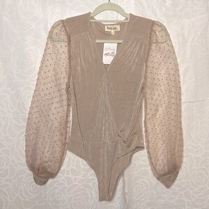 Peach Love California Sheer Dot Puff Sleeve Bodysuit in Blush